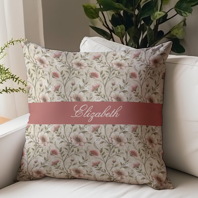 Vintage bloemschrift monogram naam Beige Kussen (Creator heeft geüpload)