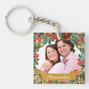Vintage Bloemstuk Met Persoonlijke Foto Sleutelhanger