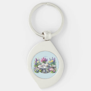Vintage bloemthee in de tuin sleutelhanger