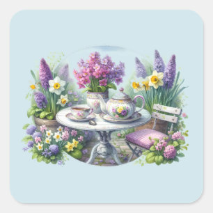 Vintage bloemthee in de tuin vierkante sticker