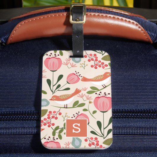 Vintage bloemvogels botanisch patroon monogram bagagelabel (Voorkant Insitu 2)