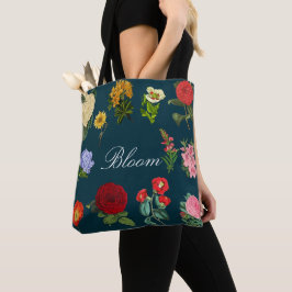 Vintage Bloom Zwart Bloemmotief Donkere Botanische Tote Bag