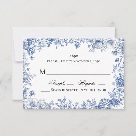Vintage Blue and White Floral Wedding RSVP (Voorkant)