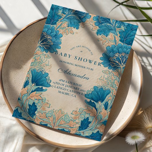 Vintage Blue Botanical Baby Shower Kaart