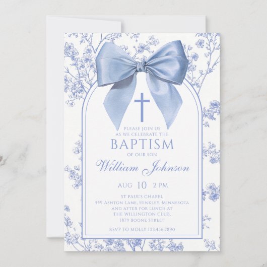 Vintage Blue Bow Floral Baptism Kaart (Voorkant)