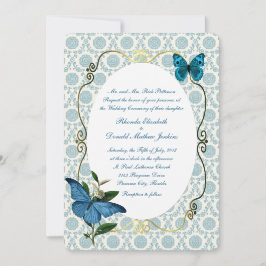 Vintage Blue Butterflies Wedding Kaart (Voorkant)