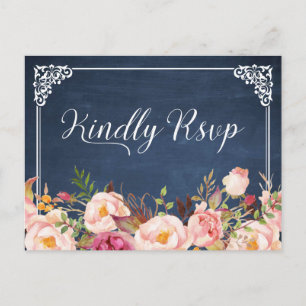 Vintage Blue Chalkboard Floral Wedding RSVP Uitnodiging Briefkaart