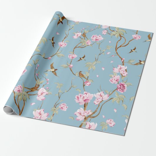 Vintage Blue Chinoiserie Floral  Cadeaupapier (Uitgerold)