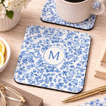 Vintage Blue Chinoiserie Monogram  Bier Onderzetter<br><div class="desc">This coaster features an elegant, timeless floral design rendered in rich shades of blue against a soft, light background. Delicate botanical elements—blossoms, leaves, and winding stems—flow organically across the surface, creating a balanced composition. The artwork has a hand-illustrated, slightly textured look reminiscent of vintage toile or traditional botanical prints. Varying...</div>