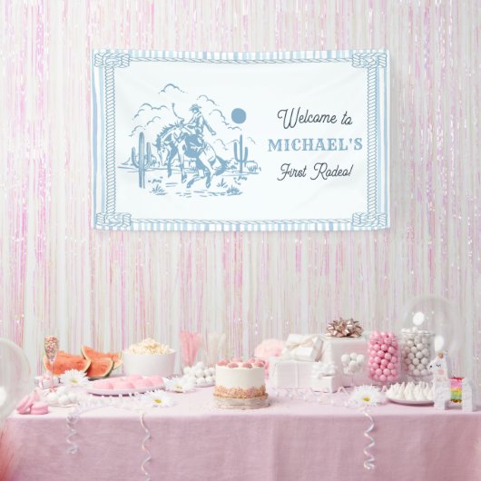 Vintage Blue Cowboy 1e verjaardagsfeestje Spandoek (Feest)