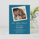 Vintage Blue & Cream Retro Photo Wedding Kaart (Staand voorkant)
