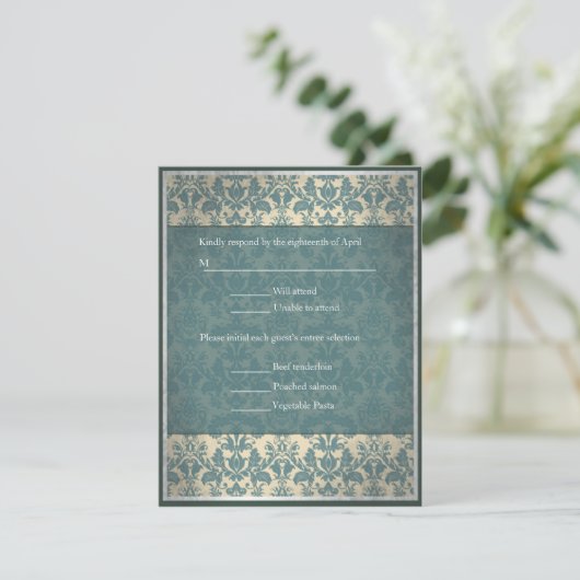 Vintage Blue Damask bruiloft RSVP (Staand voorkant)
