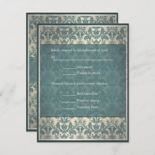 Vintage Blue Damask bruiloft RSVP (Voorkant / Achterkant)