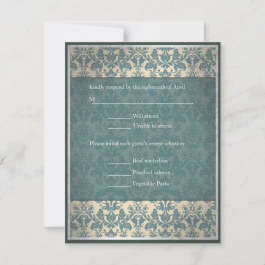 Vintage Blue Damask bruiloft RSVP Kaartje (Voorkant)