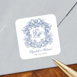 Vintage Blue Elegant Wedding Monogram Crest Vierkante Sticker
