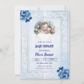 Vintage Blue Floral Baby Shower Invitation Kaart (Voorkant)