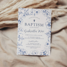 Vintage Blue Floral Baptism Invitation Kaart