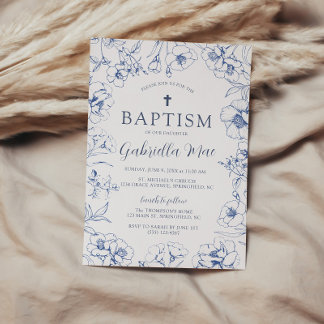 Vintage Blue Floral Baptism Invitation Kaart