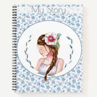 Vintage Blue Floral Girl Notitieboek