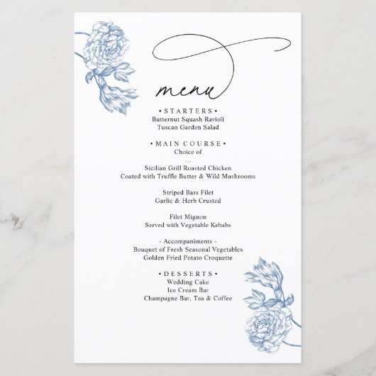 Vintage Blue Floral Modern Script Wedding Menu (Voorkant)