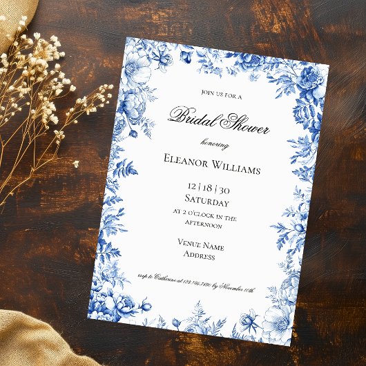 Vintage Blue Floral Toile Bridal Shower Kaart