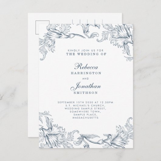 Vintage Blue Floral Wedding Briefkaart (Voorkant / Achterkant)