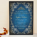 Vintage Blue Gold Princess Tiara Quinceañera Kaart<br><div class="desc">Elegant  Blue Gold Princess Tiara Quinceañera Quince Uitnodiging</div>