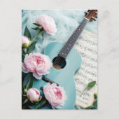 Vintage Blue Guitar & White Flower Art Postcard |  Briefkaart (Voorkant)