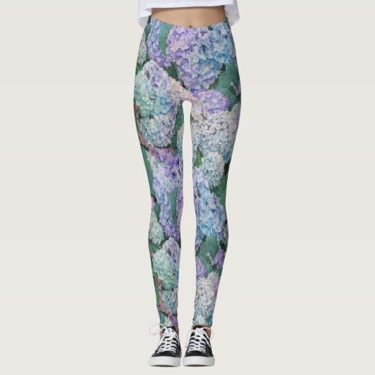 Vintage Blue Hydrangea Floral Pattern Leggings (Voorkant)