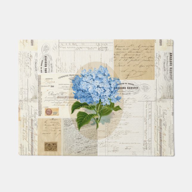 Vintage Blue Hydrangea French Ephemera Doormat Deurmat (Voorkant)
