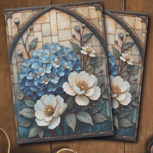 Vintage Blue Hydrangea Stained Glass Decoupage Tissuepapier