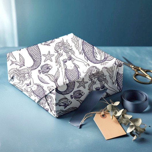 Vintage Blue Mermaid & Sea Life Pattern Cadeaupapier