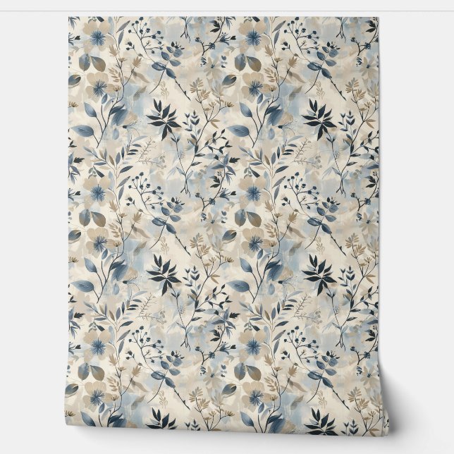 Vintage Blue Neutral Floral Behang (Afrollen)
