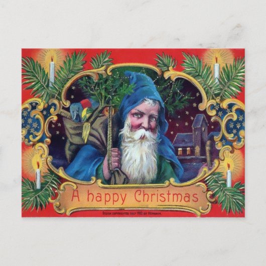 Vintage Blue Robed Santa Briefkaart (Voorkant)