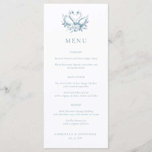 Vintage Blue Romantic Swans Wedding Menu (Voorkant)