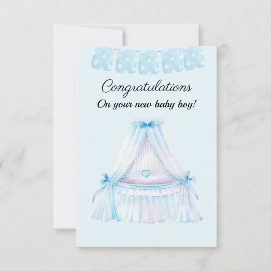 Vintage blue stroller baby boy congratulation card (Voorkant)