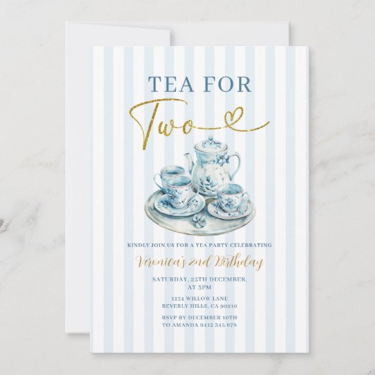 Vintage Blue Tea for two girl Birthday Stripe Kaart (Voorkant)