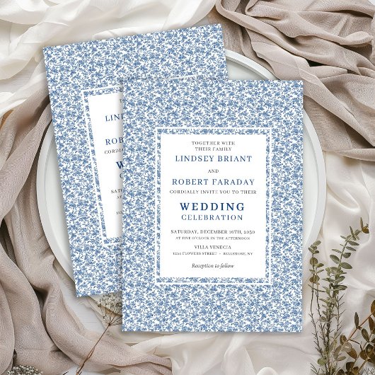 Vintage Blue Toile de Jouy Elegant Wedding Invite Kaart
