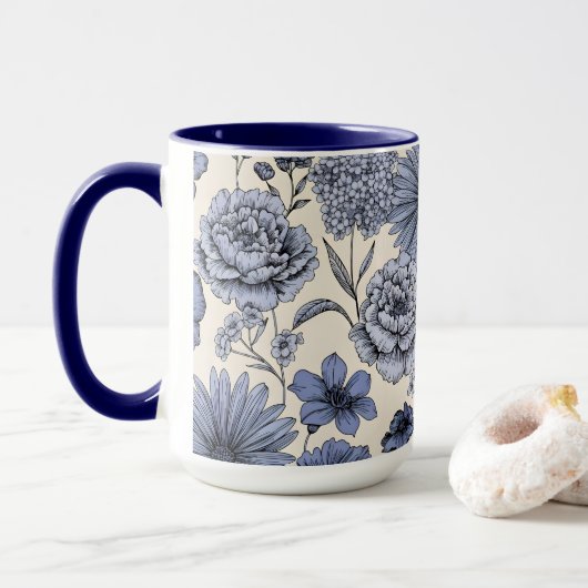 Vintage Blue Toile Floral Botanical Pattern Mok (Met donut)