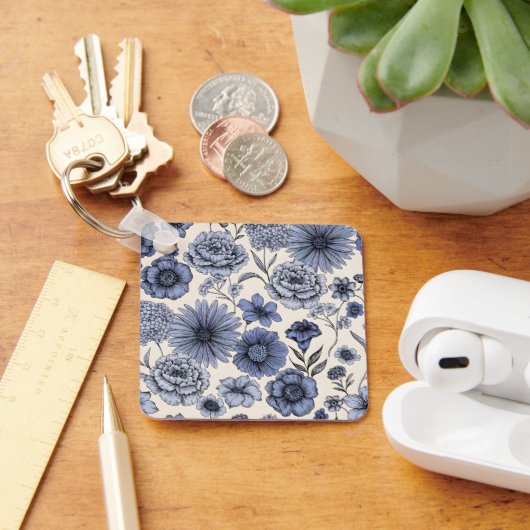 Vintage Blue Toile Floral Botanical Pattern Sleutelhanger (Bureau)