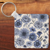 Vintage Blue Toile Floral Botanical Pattern Sleutelhanger (Voorkant)