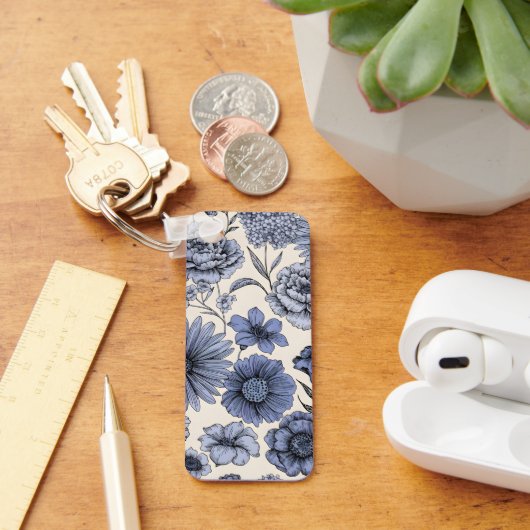 Vintage Blue Toile Floral Botanical Pattern Sleutelhanger (Bureau)