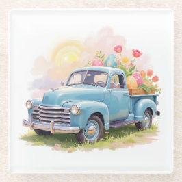 Vintage Blue Truck with Easter Eggs & Tulips Glazen Onderzetter