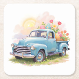 Vintage Blue Truck with Easter Eggs & Tulips Kartonnen Onderzetters