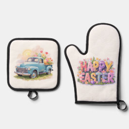 Vintage Blue Truck with Easter Eggs & Tulips Ovenwant & Pannenlap Set