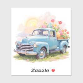 Vintage Blue Truck with Easter Eggs & Tulips Sticker