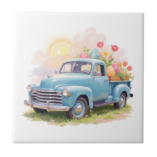 Vintage Blue Truck with Easter Eggs & Tulips Tegeltje (Voorkant)