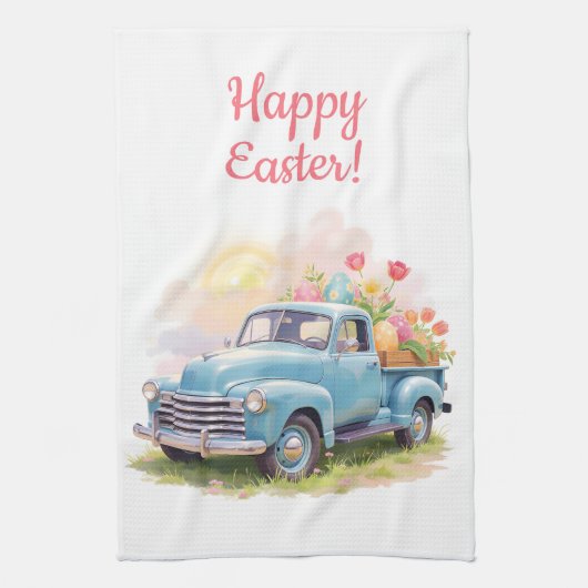 Vintage Blue Truck with Easter Eggs & Tulips Theedoek (Verticaal)