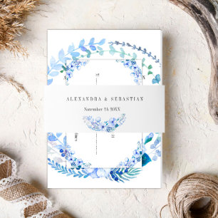 Vintage Blue Watercolor Floral Wedding Uitnodigingen Wikkel
