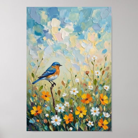 Vintage Bluebird Weide Bloem Kunst Poster (Voorkant)
